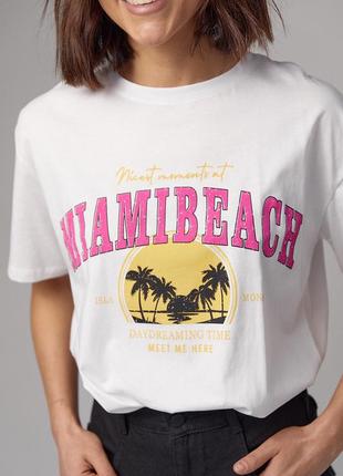 Трикотажна футболка з принтом miami beach — білий колір, l (є розміри)4 фото