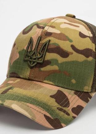 Летняя тактическая бейсболка мультикам с сеткой тракер с вышивкой тризубцем кепка рип стоп с гербом, l / 57-58
