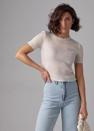 Жіноча футболка з ажурним в'язанням — молочний колір, l (є розміри)6 фото