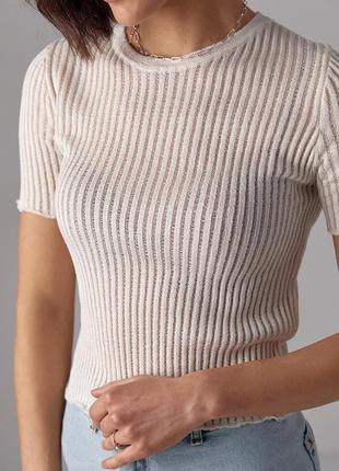Жіноча футболка з ажурним в'язанням — молочний колір, l (є розміри)4 фото