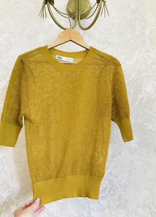 Гірчичний трикотажний топ з короткими рукавами,кофта із коротким рукавом  zara