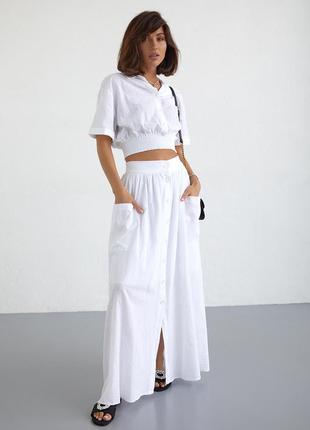 Літній спідничний костюм на ґудзиках — білий колір, 36р (є розміри)