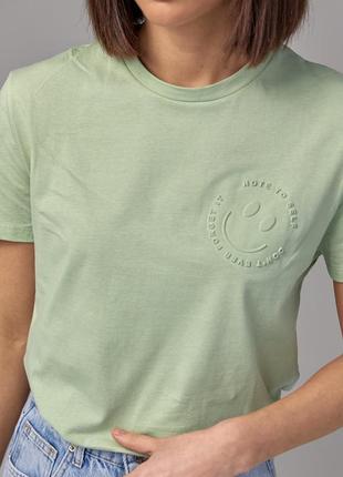 Бавовняна футболка з опуклим принтом смайлу — м'ятний колір, l (є розміри)4 фото