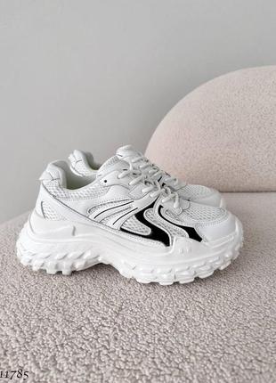 Білі натуральні шкіряні кросівки з сіткою в сітку на високій товстій грубій масивній підошві платформі4 фото