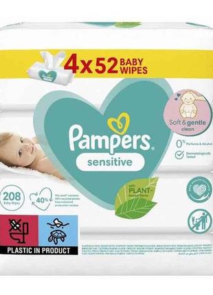 Дитячі вологі серветки pampers sensitive 4x52шт тм pampers