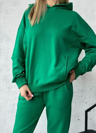 Зелений спортивний костюм жіночий якісна трьохнитка не кашлатиться oversize худі джоггери батал8 фото