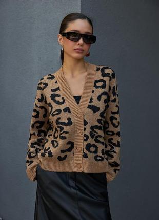 Кардиган женский шерстяной вязаный кардиган с анималистичным принтом трикотажная женская кофта на пуговицах