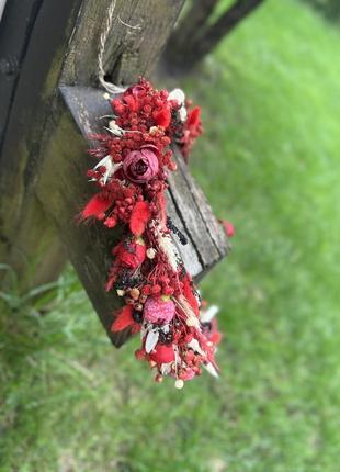 Вінок обруч на голову в червоних та бордових тонах з сухоцвітами та штучними квітами7 фото
