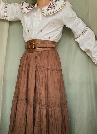 Бавовняна ярусна максі спідничка шоколадного кольору спідниця юбка з натуральної тканини коричнева шоколадна у вінтажному стилі