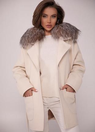 Кашемировое женское светлое пальто с натуральным мехом песца чернобурки , размер s.m.l,xl