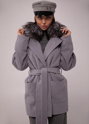 Кашемировое женское серое пальто с натуральным мехом песца чернобурки , размер s.m.l,xl