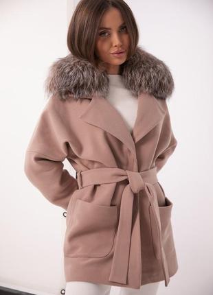Кашемировое женское бежевое пальто с натуральным мехом песца чернобурки , размер s.m.l,xl