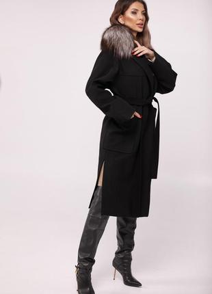 Длинное кашемировое женское пальто, с натуральным мехом чернобурки, цвет кемел, размеры s,m,l,xl