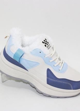 Бежевые женские зимние низкие кроссовки с синими вставками