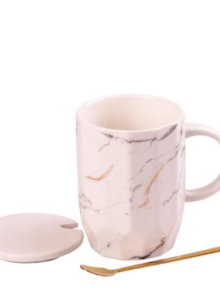 Чашка з мармуровим декором, керамічна чашка об'єм 420 мл із кришкою та ложкою2 фото
