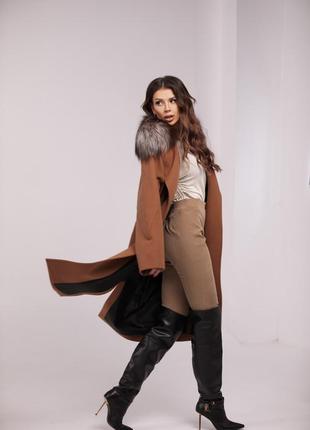 Длинное кашемировое женское пальто, с натуральным мехом чернобурки, цвет кемел, размеры s,m,l,xl
