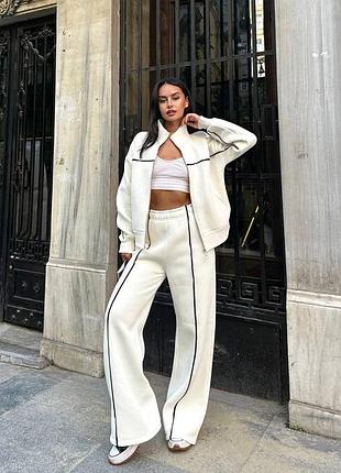 Бежевый молочный женский прогулочный повседневный костюм широкие брюки палаццо кофта на молнии женский спортивный костюм на флисе