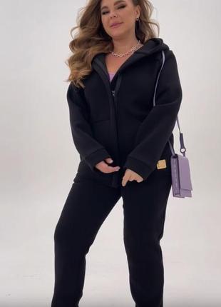 Костюм женский спортивный, теплый на флисе, толстовка на молнии, штаны, плюс сайз, батал, черный