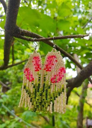 Сережки серьги тюльпаны розовые нежные длинные этно бохо ручная работа бисер