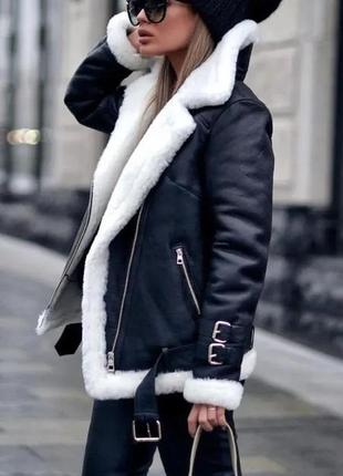 Дубленка женская авиатор с белым мехом . размеры xl,2xl,3xl,4xl.