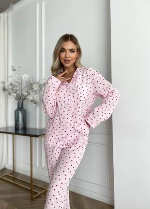Женская муслиновая пижама штаны+рубашка красные сердца на розовом