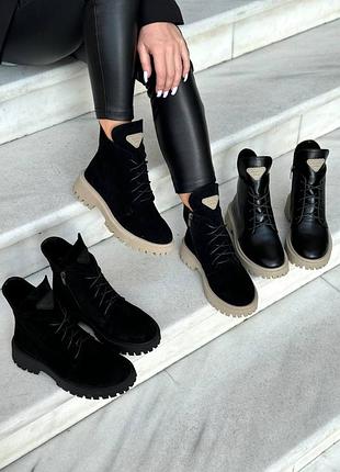 Натуральные кожаные и замшевые демисезонные черные ботинки