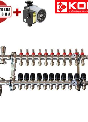 Коллекторный узел в сборе для системы "теплый пол" koer kr.s1011-11 на 11 выходов из нержавеющей стали с