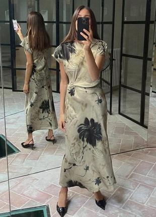 Атласное платье женское с принтом zara new