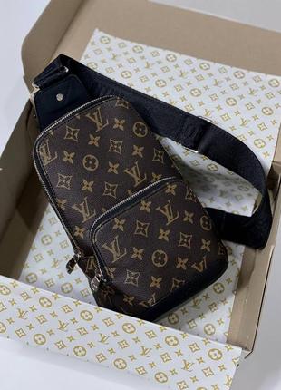 Мужская брендовая качественная и стильная сумка слинг из эко кожи коричневая