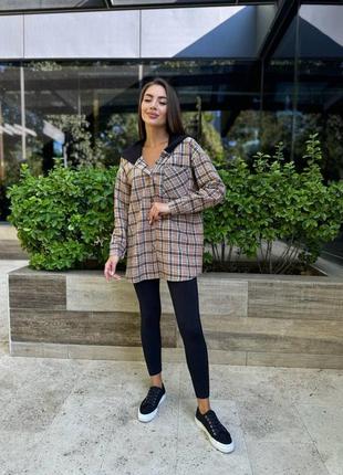 Кашемировая рубашка с капюшоном рубашка в клетку свободного кроя серая голубая зеленая...