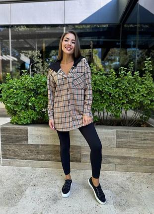 Кашемировая рубашка с капюшоном рубашка в клетку свободного кроя серая голубая зеленая...