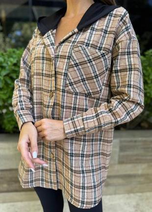 Кашемировая рубашка с капюшоном рубашка в клетку свободного кроя серая голубая зеленая...