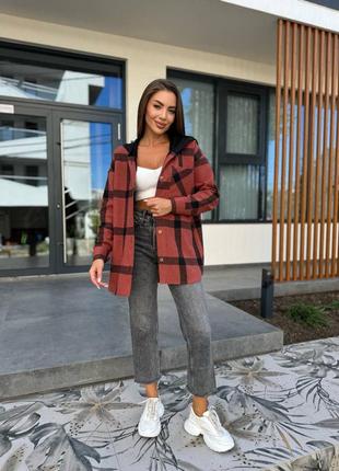 Кашемировая рубашка с капюшоном рубашка в клетку свободного кроя серая голубая зеленая бежевая бордовая оранжевый красная2 фото