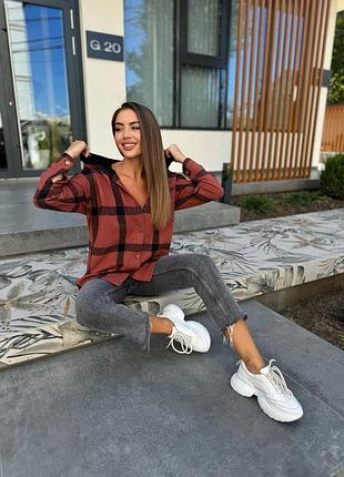 Кашемировая рубашка с капюшоном рубашка в клетку свободного кроя серая голубая зеленая бежевая бордовая оранжевый красная4 фото