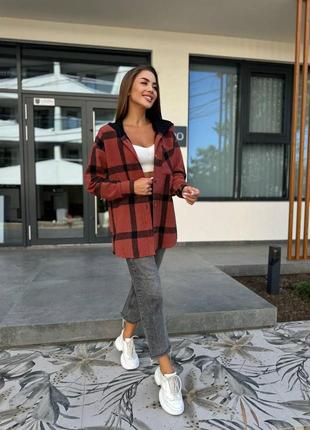 Кашемировая рубашка с капюшоном рубашка в клетку свободного кроя серая голубая зеленая бежевая бордовая оранжевый красная5 фото