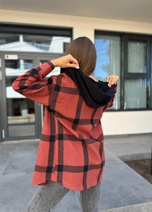 Кашемировая рубашка с капюшоном рубашка в клетку свободного кроя серая голубая зеленая бежевая бордовая оранжевый красная9 фото