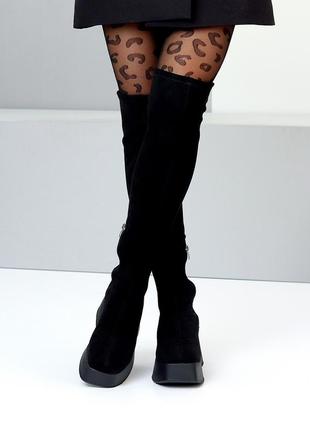 Ультра модні чорні замшеві стрейчові ботфорти на платформі єврозима