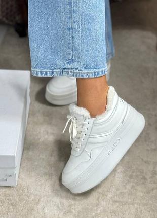 Кеды женские кожаные белые натуральные мех зимние толстой подошве платформе