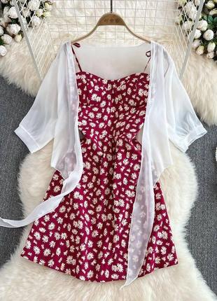 Красивое женское легкое летнее платье сарафан софт цветочный принт мини комплект двойка с рубашкой креп-шифон4 фото