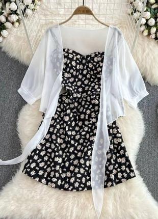 Красивое женское легкое летнее платье сарафан софт цветочный принт мини комплект двойка с рубашкой креп-шифон3 фото