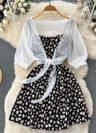 Красивое женское легкое летнее платье сарафан софт цветочный принт мини комплект двойка с рубашкой креп-шифон2 фото