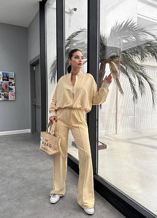 Бежевый женский брючный костюм в стиле зара женский прогулочный повседневный костюм широкие брюки палаццо кофта на молнии