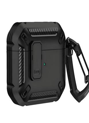 Противоударный защитный чехол для airpods 2 с карабином и защёлкой open (black)