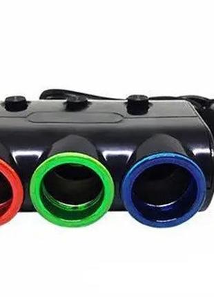 Разветвитель прикуривателя тройник с подсветкой на 3 гнезда + 2 usb 12-24v olesson mod-1523 чёрный