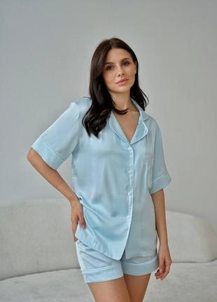 Піжама жіноча шорти+сорочка l блакитний8 фото
