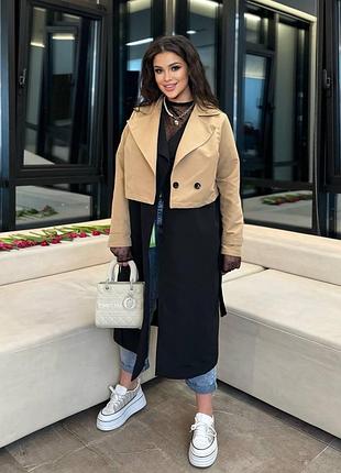 Женский длинный тренч с поясом коттон