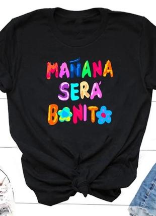 Футболка женская черная one size s m l с надписями надписью принтом стильная модная manana sera bonita
