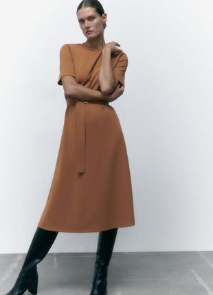 Сукня zara міді на  осінь з коротким рукавом і поясом