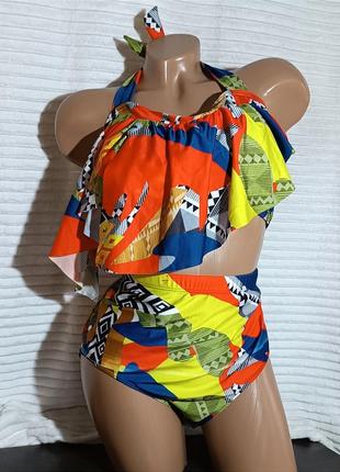 Купальник раздельный яркий плюс сайз, батал, топ и трусики плавки с высокой посадкой для плавания, пляжа, бассейна