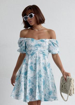 Летнее платье мини с драпировкой спереди - бирюзовый цвет, m (есть размеры)3 фото